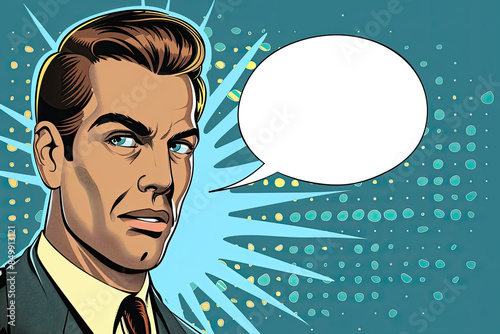 Obraz na płótnie Retro comic book portrait of a serious man in a suit, halftone blue background, blank speech bubble. w salonie