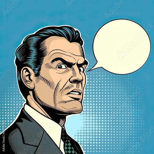 Obraz na płótnie Man in suit with serious look, retro comic style, halftone blue background, empty speech bubble. w salonie