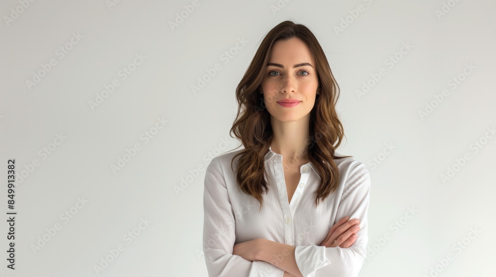 Woman with long brown hair wearing a white shirt posing in front of a white wall. Woman with long brown hair wearing a white shirt posing in front of a white wall.