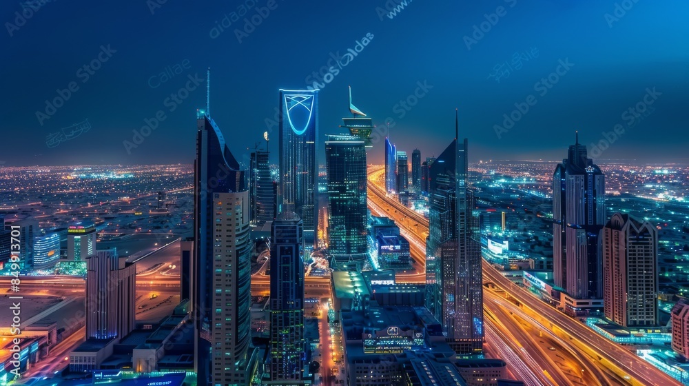 Obraz premium Night View of Illuminated Saudi Arabian City Skyline with Vibrant Skyscrapers and Bustling Streets. Aerial Perspective Overlooking Kingdom Tower and Modern Architecture Against Dark Blue Sky.
