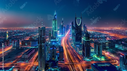Night View of Illuminated Saudi Arabian City Skyline with Vibrant Skyscrapers and Bustling Streets. Aerial Perspective Overlooking Kingdom Tower and Modern Architecture Against Dark Blue Sky.