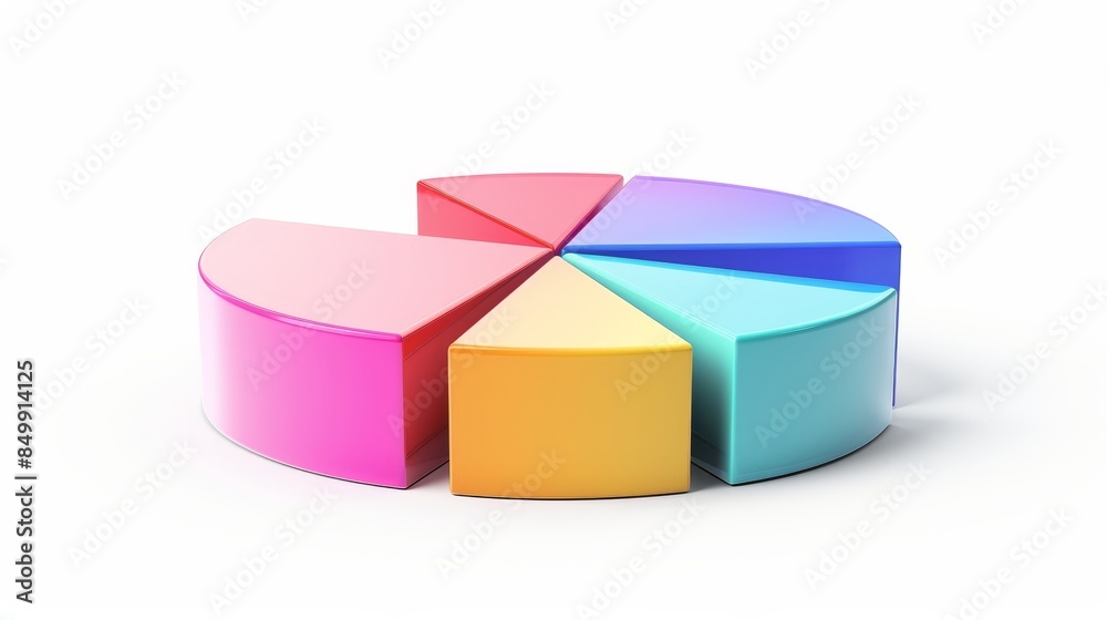 Obraz premium Vibrant 3D pie chart, each segment a different color, white flat background, minimalist and clean design, ample text space, professional presentation