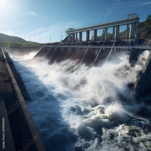 photo of a hydroelectric dam releasing water for power generation.