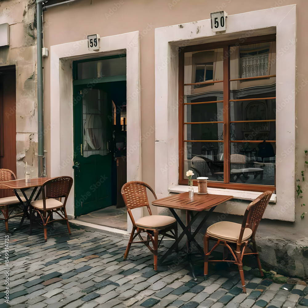 Fototapeta premium Empty coffee terrace with tables and chairs in old town
