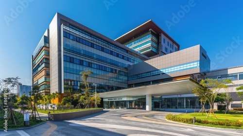 the exterior facade and main entrance of the hospital building