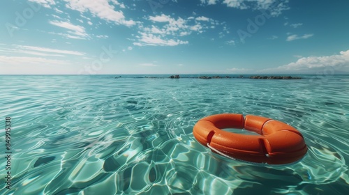 Orange Lifebuoy Floating in Turquoise Waters