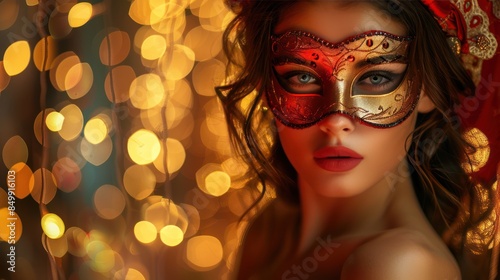 Masked Seduction: Sensual Woman in Carnival Mask Against Red and Gold Background © hisilly