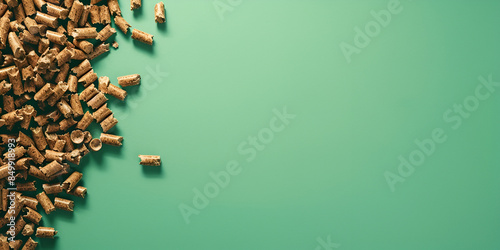 Cups of buckwheat tea on light green background Top view of healthy soba tea and groats of tartary buckwheat seeds on green paper background Flat lay Copy space
 photo