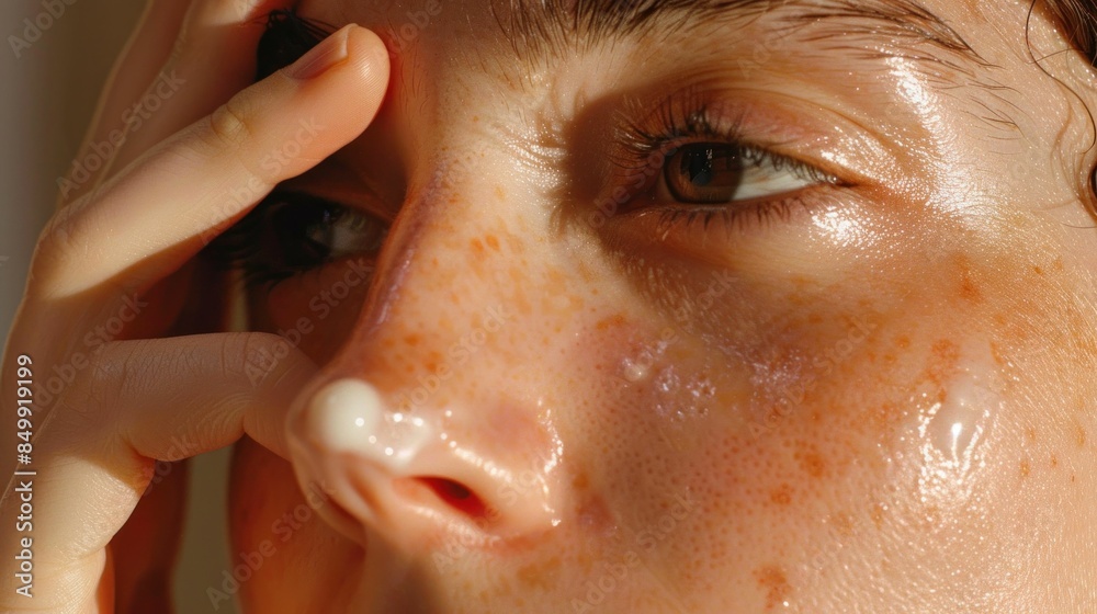 Closeup portrait of a woman with freckles applying cream on forehead, beauty and skincare concept Closeup portrait of a woman with freckles applying cream on forehead, beauty and skincare concept
