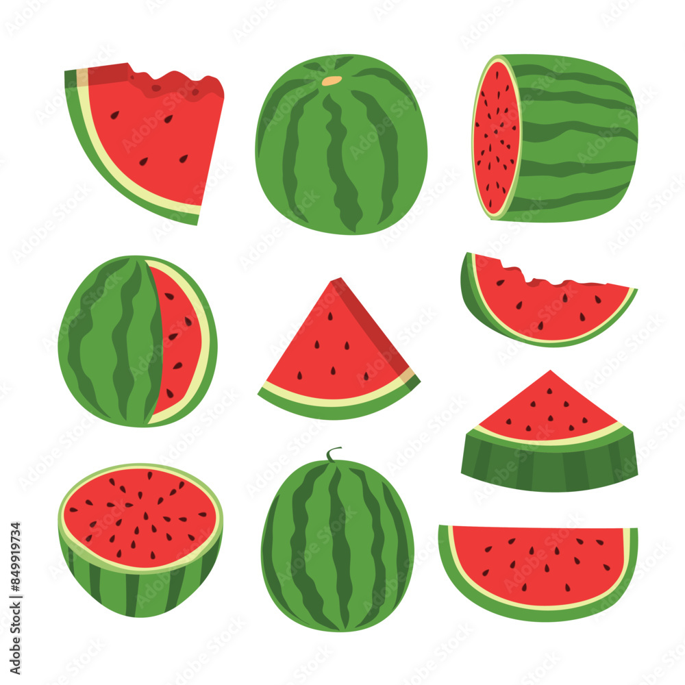 Set of Cartoon fresh green open watermelon half, slices and triangles. Red watermelon piece with bite collection. Sliced water melon fruit vector set, Summer fruit collection, Vegetarian ecology. Set of Cartoon fresh green open watermelon half, slices and triangles. Red watermelon piece with bite collection. Sliced water melon fruit vector set, Summer fruit collection, Vegetarian ecology.