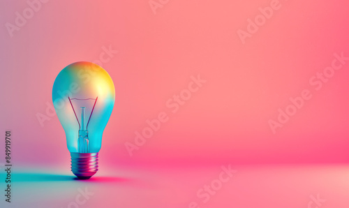 Cinematic shot of a colorful gradient light bulb isolated on a pink background. Creative idea, think, or business innovation concept. Contemporary abstract banner with copy space.