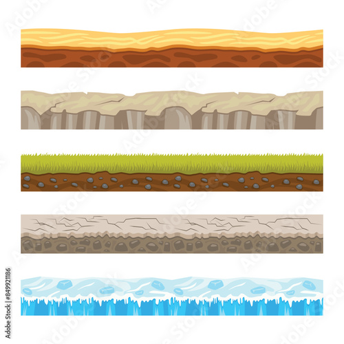 Set of seamless ground border frame, game background cartoon landscape in summer or winter interface gamification and gaming scene grass, sand, stone, grass, ice, lava magma, rocky.