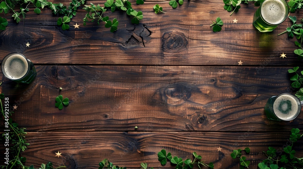 Top down perspective, St. Patrick's Day themed wooden table, banner texture, spacious copy space for text, scattered festive decor, perfect for showcasing products Top down perspective, St. Patrick's Day themed wooden table, banner texture, spacious copy space for text, scattered festive decor, perfect for showcasing products