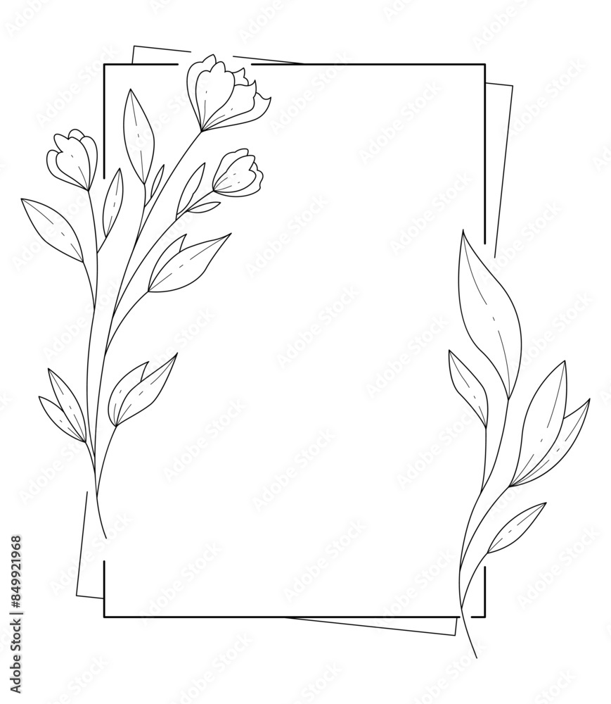 Floral and square hand drawn style. Floral black and white frame of twigs, leaves and flowers. Frames for the Valentine's day, wedding decor, logo and identity template. Floral and square hand drawn style. Floral black and white frame of twigs, leaves and flowers. Frames for the Valentine's day, wedding decor, logo and identity template.