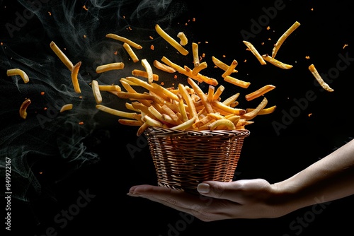  French fries - French fries flying out of basket in hand, flying fast food isolated on black background 