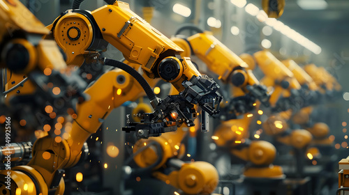 Automated yellow industrial robotic arms in a factory assembly line, demonstrating advanced technology and precision in manufacturing.