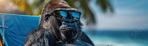 Gorilla with Sunglasses Relaxing on Tropical Beach Lounge Chair - Summer Vacation Pet Photography Banner Background © hisilly
