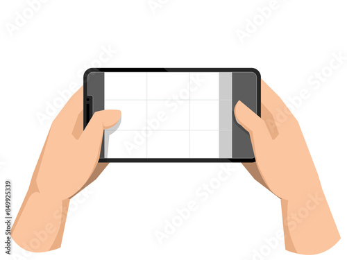 Hand holding horizontal phone, taking mobile photo. Making photograph with grid on smartphone screen. Using camera for shooting, recording video. Flat graphic isolated on white background