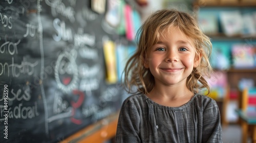 A smiling child stands proudly at the blackboard, filled with excitement and confidence about the concept of going back to school as they share their knowledge. © เลิศลักษณ์ ทิพชัย