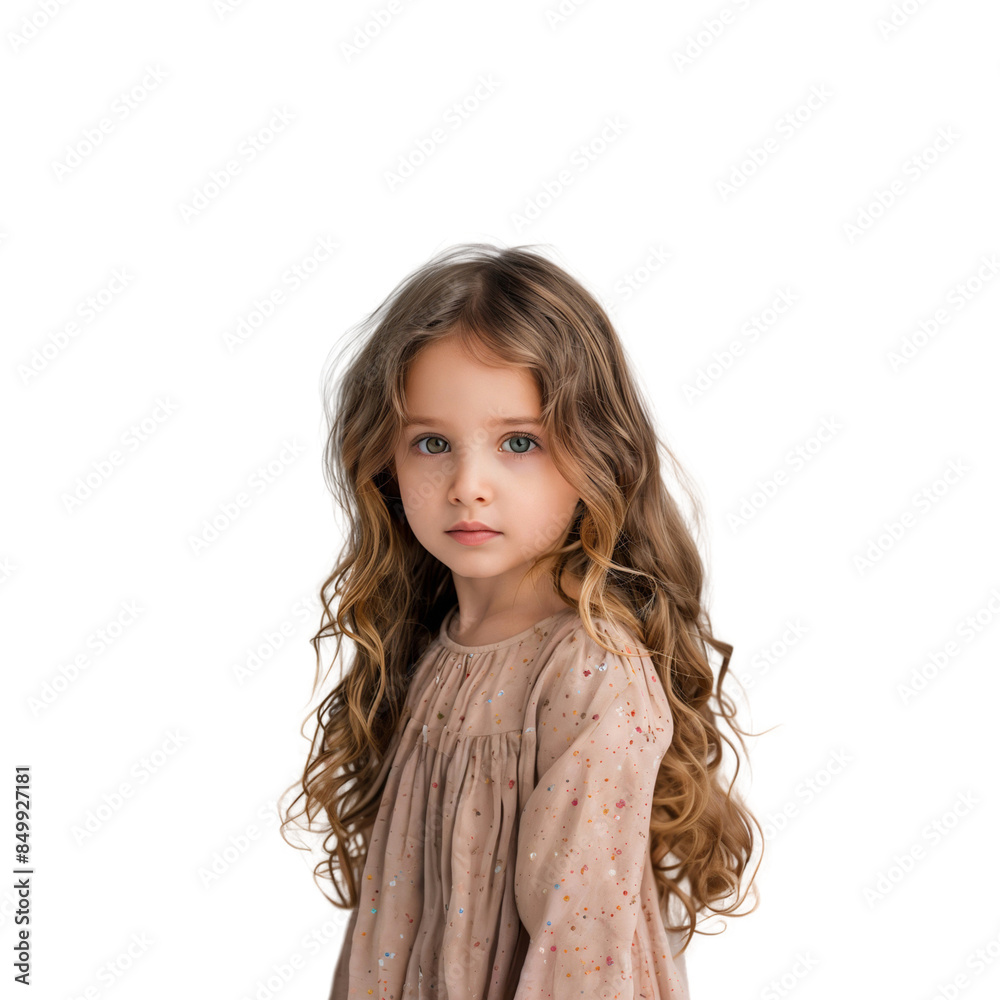 Portrait of a smiling little girl with long curly brunette hair, isolated on transparent background Portrait of a smiling little girl with long curly brunette hair, isolated on transparent background