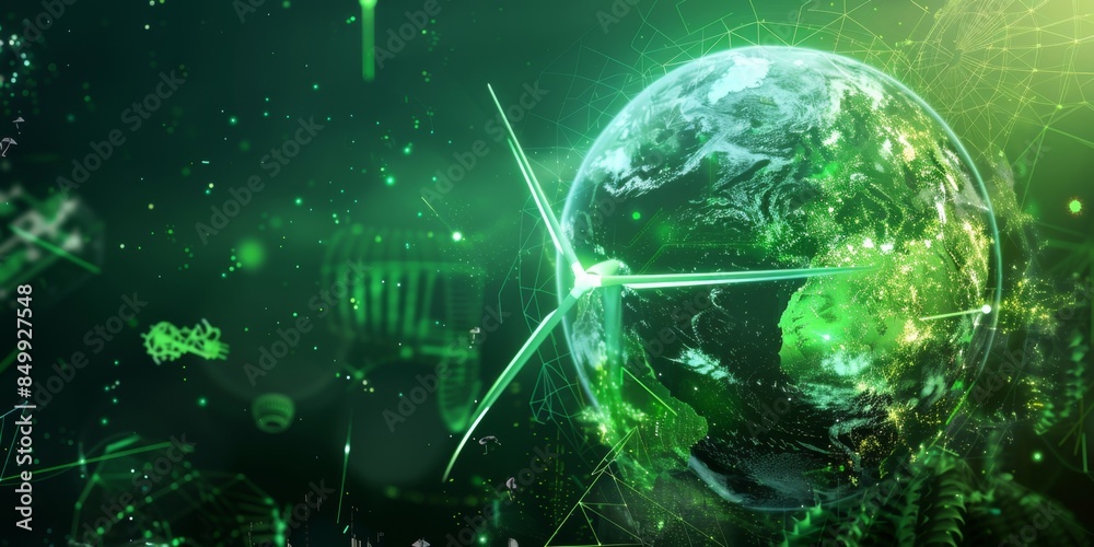 Digital rendering of Earth with green energy symbols like wind turbines ...