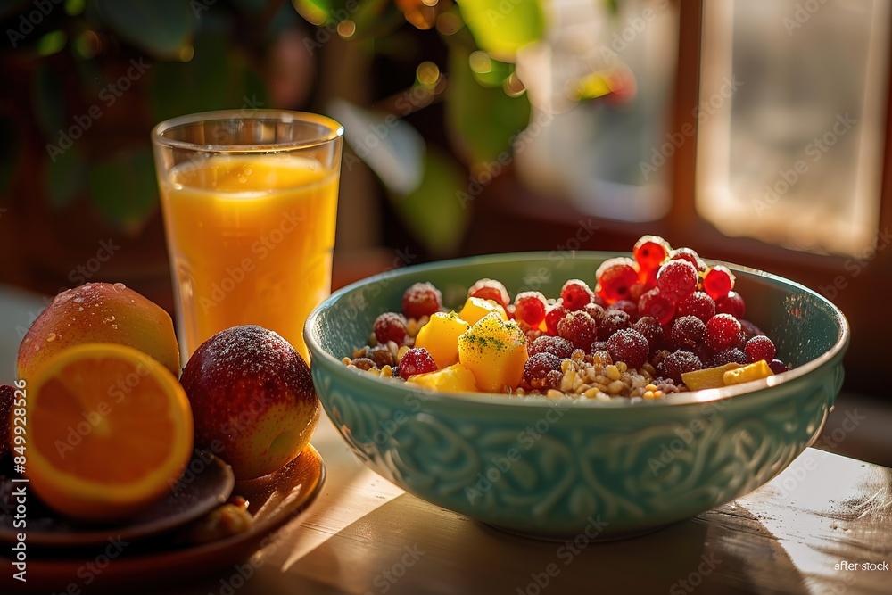 food photography, a healthy breakfast with fresh fruit and grain porridge in a green bowl on a white wooden table food photography, a healthy breakfast with fresh fruit and grain porridge in a green bowl on a white wooden table