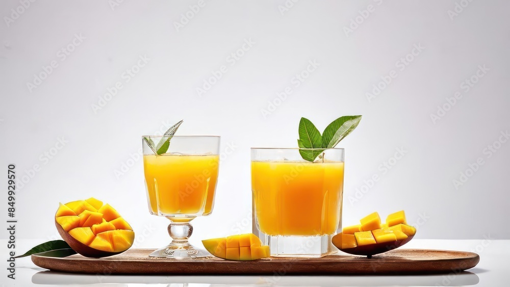 Neat Wooden Board Composition with Two Glasses of Fresh Fruit Juice and a Pear Side Dish Neat Wooden Board Composition with Two Glasses of Fresh Fruit Juice and a Pear Side Dish