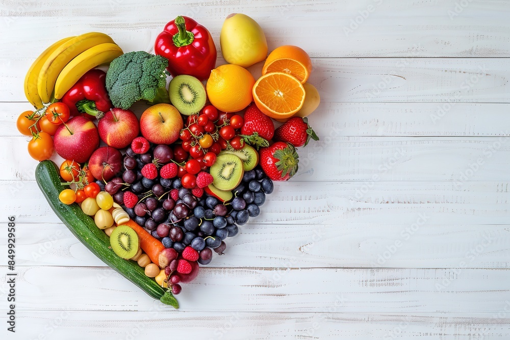 Fruit and vegetable mix in heart shape on white wooden background with copy space for your text, Fruit and vegetable mix in heart shape on white wooden background with copy space for your text,