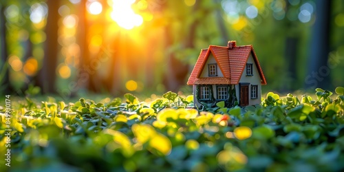 A miniature house model nestled in a vibrant green field with sunlight filtering through photo