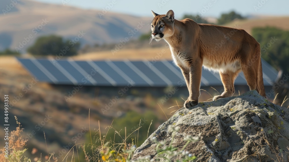 Obraz premium A mountain lion surveys their territory from atop a rock with a solar panel in the background as a testament to sustainable progress.