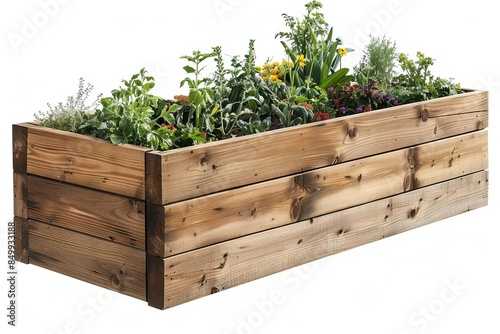 A raised garden bed made of cedar wood, white background photo