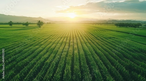 perspective of lush green sugar cane fields stretching to the horizon