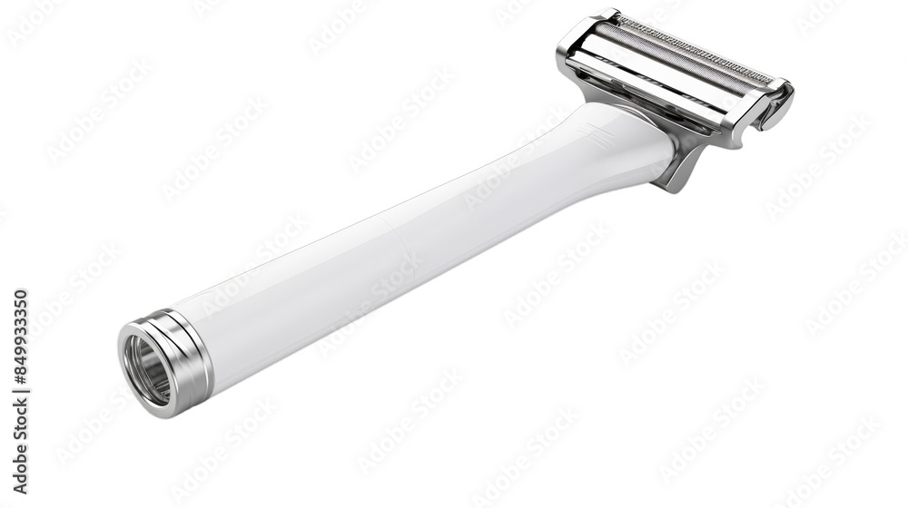 Image of a modern, sleek white safety razor with a chrome head, perfect for a clean and close shave. Ideal for grooming and personal care. Image of a modern, sleek white safety razor with a chrome head, perfect for a clean and close shave. Ideal for grooming and personal care.