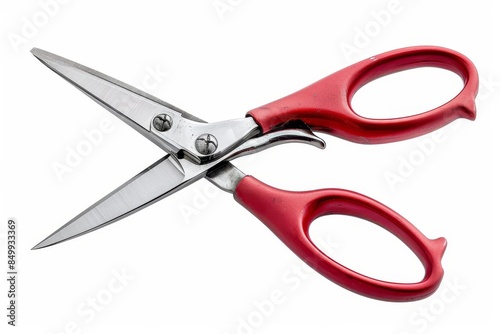 Stainless steel scissors with red handle on white background, providing a sharp and precise cut, perfect for everyday use and crafting, white background photo