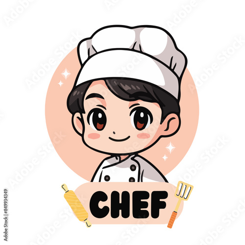 Cute chef boy smiling cartoon art illustration. Premium Vector