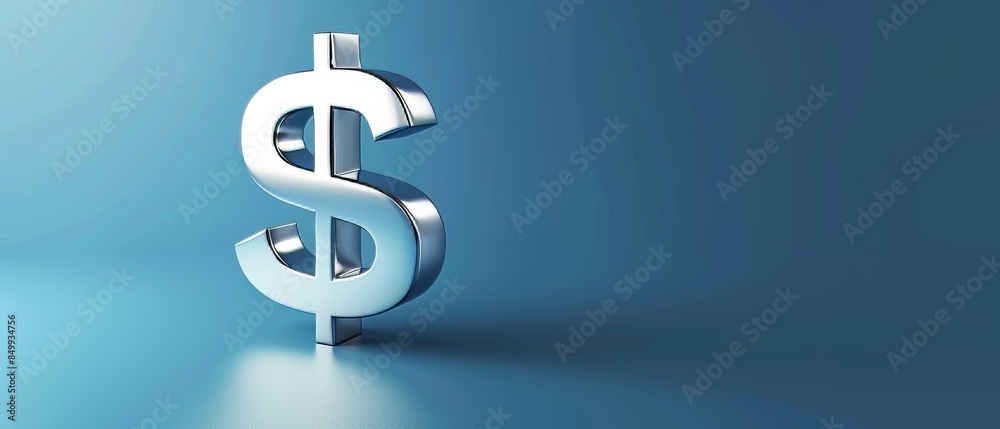Polished metallic 3D dollar symbol, set on a blue flat background, sharp and clean presentation, text area included on the left Polished metallic 3D dollar symbol, set on a blue flat background, sharp and clean presentation, text area included on the left