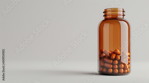 Pills bottle, 3D rendered, on a light isolated background, crisp studio lighting emphasizing details, ideal for advertising