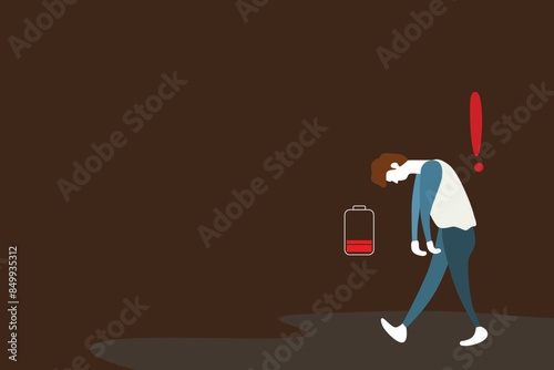 Exhausted man in a bad day, low battery and depressive disorder
