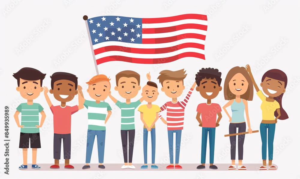 Obraz premium Smiley people with American flag celebrating patriotism and unity. Suitable for 4th of July celebrations and American culture events.
