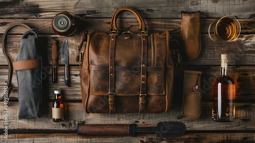 Stylish Leather Travel Bag with Premium Canadian Whisky Bottle on Rustic Wooden Background