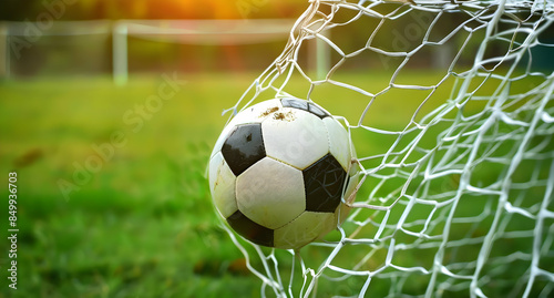 Soccer ball hitting the net in a goal on a sunny field, capturing the excitement of scoring in a game.