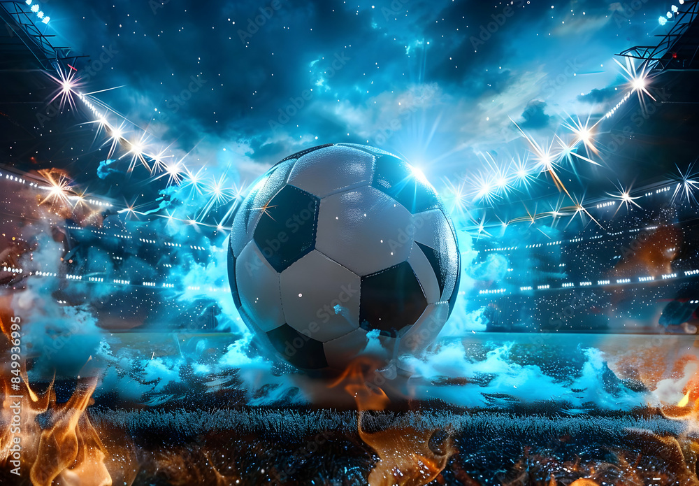 Fototapeta premium Dynamic soccer ball in a vibrant stadium setting, surrounded by flames and blue smoke, highlighting the intensity and excitement of the game.