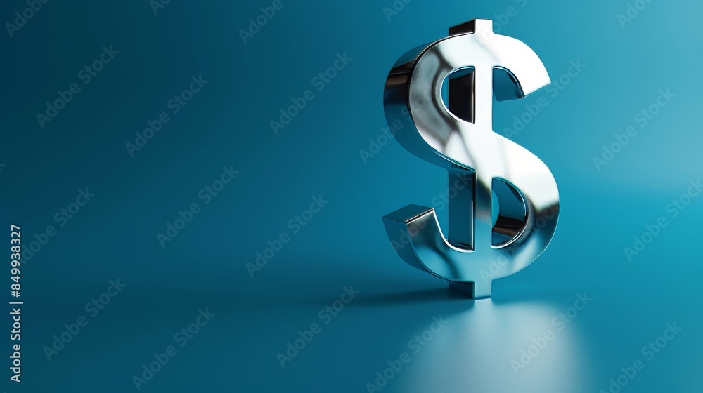 Metallic 3D dollar sign on a blue flat background, crisp and clean design, text area on the left side for added clarity Metallic 3D dollar sign on a blue flat background, crisp and clean design, text area on the left side for added clarity