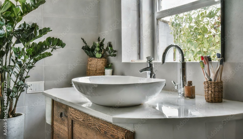 Fototapeta premium White Sink With Chrome Faucet in stylish interior of living room