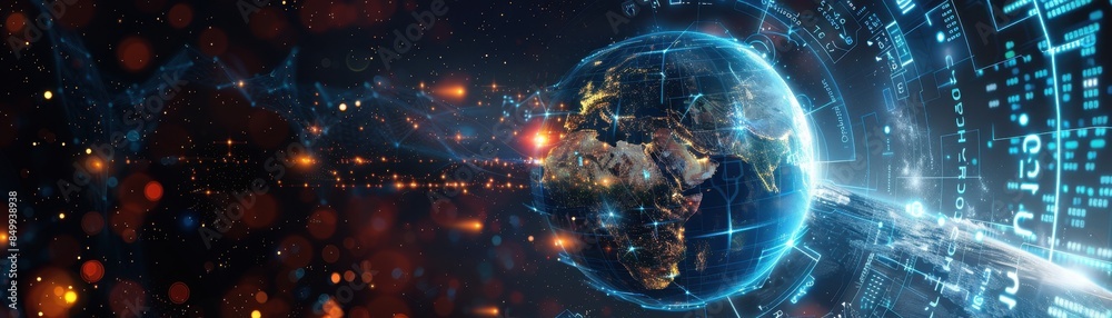 A green planet with a city on it. The planet is surrounded by a network of lights A green planet with a city on it. The planet is surrounded by a network of lights