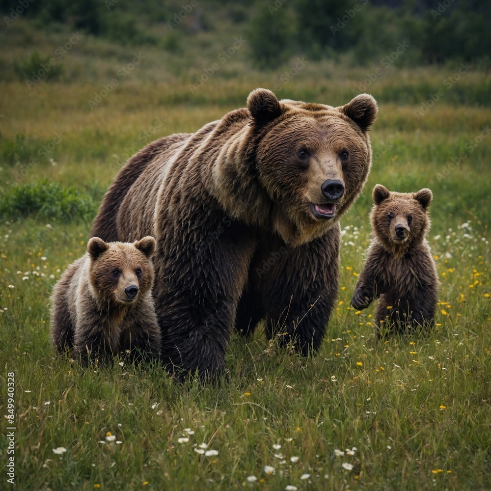 A stunning view of a bear family playing in a meadow. A stunning view of a bear family playing in a meadow.