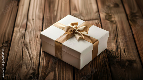 white gift box with golden ribbon on wooden background