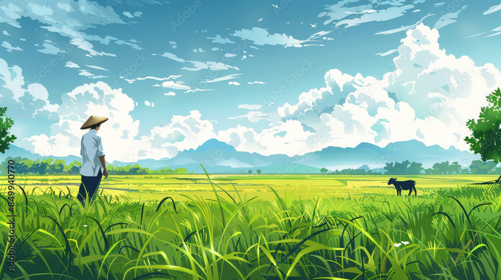 Fototapeta premium A farmer standing in a lush green rice field, observing a serene landscape with a distant cow under a bright sky.