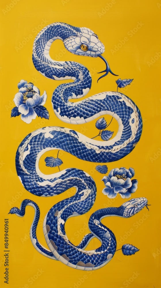 Obraz premium A blue and white porcelain snake, traditional Chinese pattern, yellow background, graceful curves, New Year, mural, decorative painting, Spring Festival, Year of the Snake, zodiac, animal, high-defini