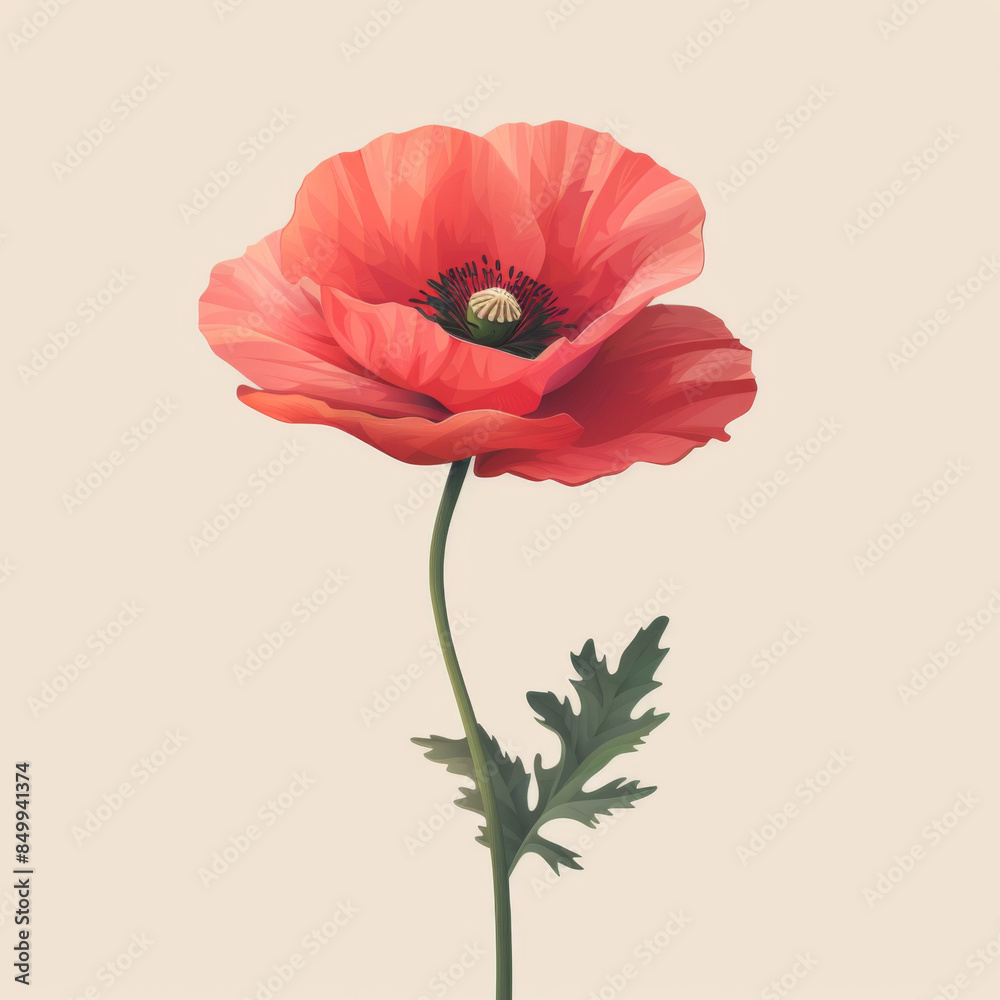 Illustration of a single red poppy flower with delicate petals and a green stem, depicted on a neutral background. Illustration of a single red poppy flower with delicate petals and a green stem, depicted on a neutral background.
